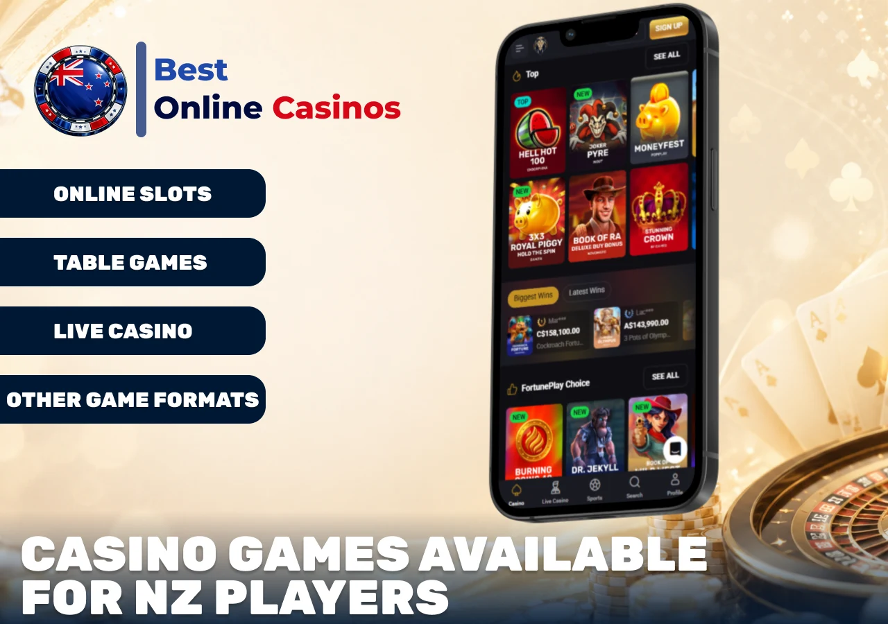 Casino games available for NZ players including slots, table games and live casino